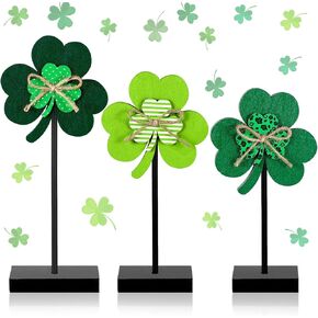 3 Pcs St. Patrick's Day Clover Table Wooden Signs Wood Sign Shamrock St Patricks Home Decor Lucky Irish Freestanding Tabletop Centerpiece Wooden Cutouts Clover Sign for Tiered Tray (Classic)