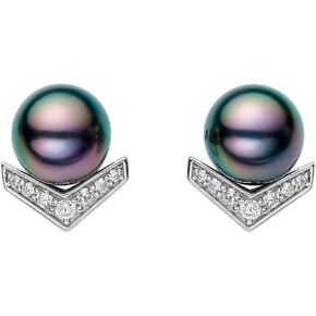 Lucky Chevron Top Grade AAA Genuine South Sea Tahitian Black Pearl Stud Earrings 18K White Gold Plated 925 Sterling Silver - Birthday Anniversary Jewelry Gifts for Women Wife Mom Daughter