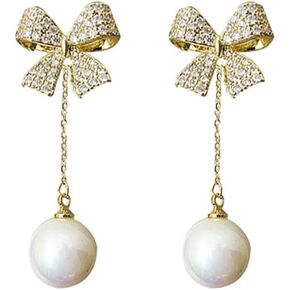 MIKAMU 14K الذهب القوس أقراط للنساء تشيكوسلوفاكيا زركون مطلية بالذهب العصرية اللؤلؤ القرط للنساء مجوهرات