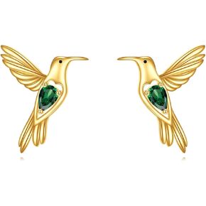 DOVRAN 14K Gold Emerald Hummingbird Earrings for Women Solid Gold Hummingbird Stud Heart Earrings Cute Animal Jewelry Birthday Gifts for Wife Mom