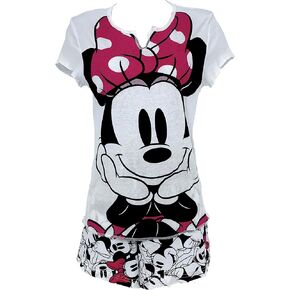 Disney Womens Minnie Mouse Sleep Set Loungewear V-Neck Shirt and Shorts White/Pink