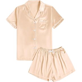 LYANER Women's Satin Silk Pajamas Short Sleeve Button Shirt & Shorts Set PJ Sleepwear