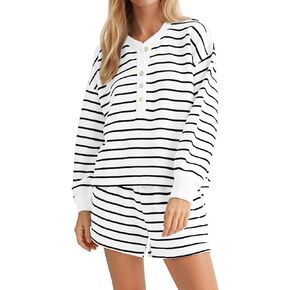 Women's Striped 2 Piece Lounge Set Casual Button Long Sleeve Sweatshirt Matching Loose Shorts Pajama Outfit
