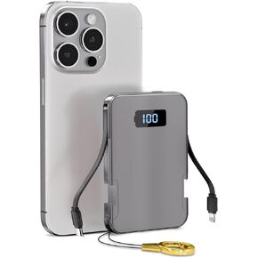 Ultra Slim Portable Charger, 5000mAh Mini Card Size Power Bank with Built-in Cables, 5V/2A High Speed Charging Battery Pack External Powerbank Compatible with iPhone 16 15 14 13 Samsung Google - Black