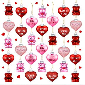 JUNEBRUSHS Valentine's Day Heart Ornaments for Tree,24Pcs Glitter Heart and Bear Ornaments Hanging Valentines Decorations Red Pink Valentine Tree Decor Heart Bear Shaped Decorative for Home