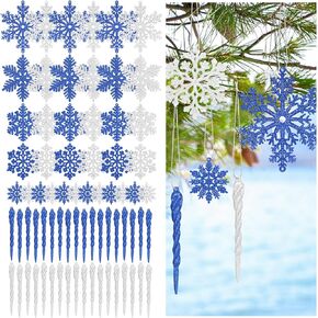72 Pcs Winter Glitter Snowflake Icicle Ornaments Set Blue and Silver Snowflake Tree Ornaments Plastic Icicle Ornaments for Christmas Tree Window Holiday Xmas Wonderland Party Decoration