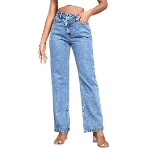 SweatyRocks Women's High Waisted Straight Leg Long Jeans Asymmetrical Waist Denim Pants Medium Washed M