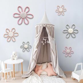 6-Piece Boho Kids Wall Decor Set - Daisy Flower Woven Macrame Wall Hangings for Nursery, Home, and Dorm - 3 Size, Multicolor Macrame Art (Pink and Gray)