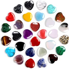 30PCS Heart Crystals and Healing Stones 0.8" Polished Gemstones Rose Quartz Amethyst Chakra Stones Reiki Healing Crystals Bulk Gift Set for Women Men Meditation and Energy Balance