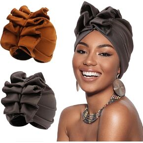 XEPST 2 Pieces African Turbans for Women, African Head Wraps Ruffles Turbans Head Wraps for Black Women Pre-Tied Bonnet Hair Hats Beanie Cap