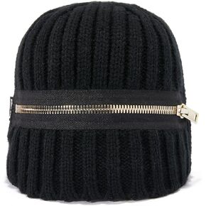 Fuzzy Knit Beanie - Soft Warm Skull Cap with Faux Fur Pom Pom, Women's Winter Hat for Cold Weather Fashion Black