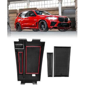 Center Console Organizer with Anti-Slip Mats for BMW X5 X7 2019-2024 / BMW X6 2020-2024, Console Tray Secondary Armrest Storage Box ABS Insert Container Accessories with Black Mats and Red Mats