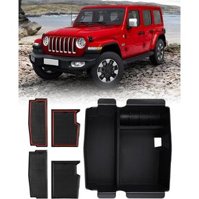 FIILINES Center Console Organizer for Jeep Wrangler JL JLU 2018-2024/ Gladiator JT 2020-2023/ 4XE 2021-2023, Console Tray Armrest Storage Box, Orange and Black Mats