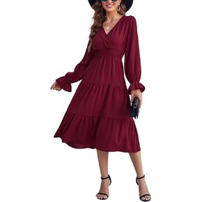 KOJOOIN Women's Casual Wrap V Neck Midi Dress Long Sleeve Smocked Waist Tiered A Line Pleated Flowy Long Dress Deep Burgundy M-