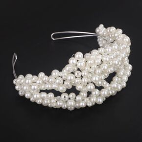 Teyglen Wedding Pearl Headband Bridal Pearl Beads Tiara Crown Floral Princess Hair Crown Hair Pieces Hair Accessories for Women Bride Prom Birthday Party (Ivory)