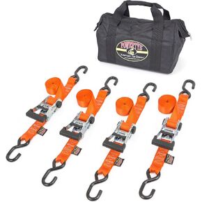 Powertye 1.5in x 8ft Heavy-Duty Industrial Ratchet Kit with S-Hooks & Storage Bag - Made in USA - 1,000 lb. Working Load Limit / 3,000 lb. Breaking Strength - Orange (4-Pack)