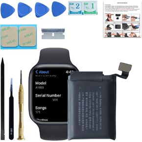 Battery Replacement Kits for Apple Watch Series 4 40mm A2508 A1975 A1977 with Repair Tools, Installation Manual, and Back Cover Adhesive