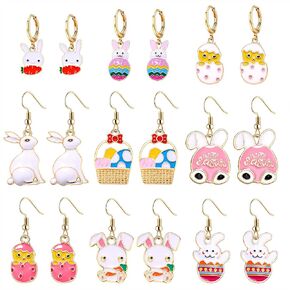 9 Pack Easter Earrings for Women Enamel Colorful Bunny Egg Drop Dangle Earrings Cute Stylish Spring Earrings Holiday Festive Party Jewelry Gift