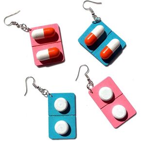 4 Pair Funny Capsule-shaped Pills Dangle Earrings Wooden Pills Medicine Board Drop Earrings Exaggerated Durable and Useful Earrings for Women Unique Jewelry