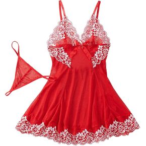 OYOANGLE Women's 2 Piece Babydoll Outfits Lace Sheer Bowknot Chemise Nightgown with Thongs