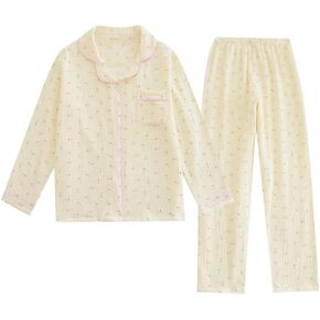 Womens Cotton Gauze Pajama Set Floral Print 2 Piece Pjs Long Sleeve Button Down Sleepwear Cute Pj Sets