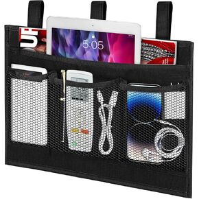 Bedside Caddy Storage Organizer, Hanging Storage Bag Pocket for Bunk/Hospital Beds,College Dorm Organizer for Remotes Phone,College Dorm,Camp,Baby Bed Rails(4 Pockets),Black