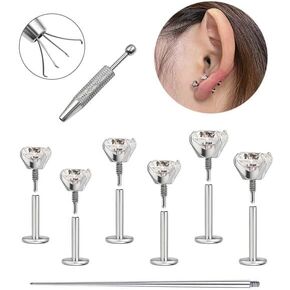 Flat Back Stud Earrings for Women Hypoallergenic Surgical Stainless Steel Internal Thread Tragus Helix Cartilage Conch Nose Monroe Labret Medusa Piercing Jewelry /Be Equipped With Piercing Ball Grabber Tool/18G Silver
