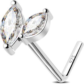 Jewseen 925 Sterling Silver Nose Ring,L Shaped Nose Stud, 20G Nose Bone,Clear CZ Nose Piercing Jewelry,Exquisite Leaf Nose Barbell for Women Men