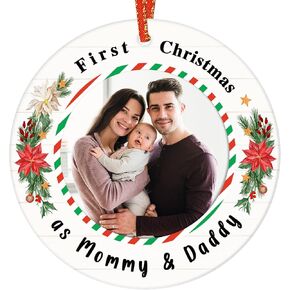 First Christmas As Mommy and Daddy Ornament Picture Frame Family Christmas Ornaments 2024 Personalized Photo Christmas Ornaments Baby First Christmas Ornament Gifts for Newborn New Mom Dad