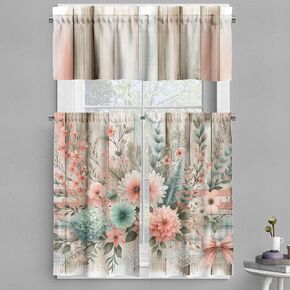 Ambesonne Farmhouse Valance & Tier Curtain 3 pcs Set, Spring Feel Floral Huddle with Leaves Greenery on Rustic Back Dreamy, Window Treatments for Kitchen Room Decor, 55" x 24", Coral Seafoam Eggshell