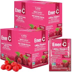 Ener-C Raspberry Multivitamin Drink Mix Powder Vitamin C 1000mg & Electrolytes with Real Fruit Juice Natural Energy & Immune Support for Women & Men - Non-GMO Vegan & Gluten Free - 60 Count