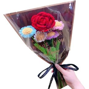 5 Pcs Hand Made Knitted Fake Rose Sunflower Daisy Camellia Artificial Flowers for Decoration Crochet Flowers，Flocked Daisy Flower Bundle Fake Plants Wedding, Valentine's Day (Pink Bouquet)