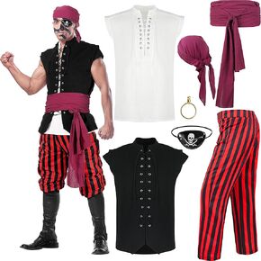 7 Pcs Adult Men Pirate Costume Renaissance Shirt Medieval Vest Viking Pants Bandana Sash Captain Halloween Outfit