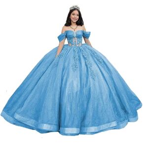 Mouccy Glitter Lace Quinceanera Dresses Beaded Off Shoulder Sweet 16 Dresses with Train Pearly XV Dresses for Quinceanera