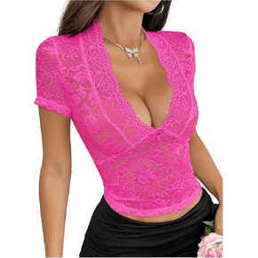 SOLY HUX Women's Lace T Shirt V Neck Short Sleeve Sheer Tee Y2k Crop Tops