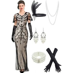 Women's Flapper Dress 1920s V-Neck Evening Gown Sequin Beaded Maxi Dress for Wedding with 20s Accessories