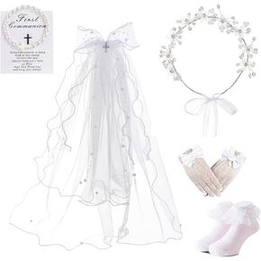 First Communion Veils Set 1st Communion Wreath Veil Pearl Bracelet Gloves Sock Accessories