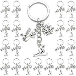 PHAETON 30PCS Ski Snowboard Keychain with Snowflake Charm and Ski Pole Charms Skiing Keychain Ski Lover Gifts Ski Resort Enthusiasts, Unplated Sports Key Chain Ski Coach Gift