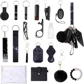 Safety Keychain Set for Women with Personal Alarm, Pom Pom, Whistle, Card Wallet, Bottle Opener, Lipstick Cover