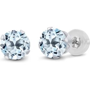 Gem Stone King 14K White Gold Sky Blue Topaz Stud Earrings For Women Men 1.40 cttw Gemstone Birthstone Round 5MM