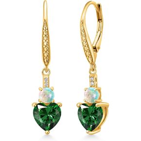 Gem Stone King 18K Yellow Gold Plated Silver Green Nano Emerald White Opal and White Lab Grown Diamond Drop Dangle Earrings For Women (2.53 Cttw, Heart Shape 7MM, Round 4MM)