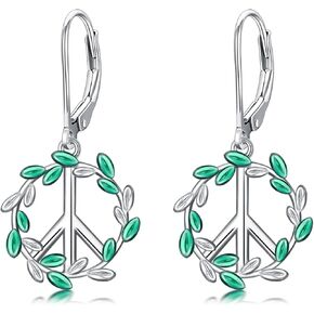 Sterling Silver Peace Sign Earrings for Women Peace Sign Dangle Earrings Leverback Peace Symbol Jewelry Gift for Peace Lover