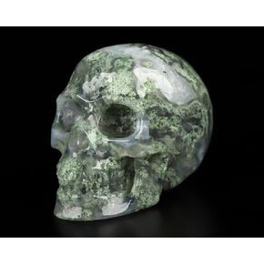 2.0" Green Moss Agate Crystal Skull, Hand Carved Gemstone Fine Art Sculpture, Reiki Healing Stone Statue.