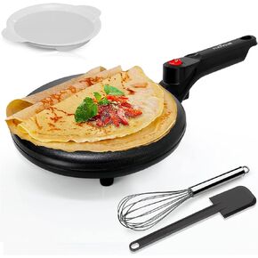 Crepe Maker - Cooks Crepes Bacon, Roti, Tortillas & Pancakes - Nonstick Cooktop - 8-inch Cook Area with On/Off Switch, Automatic Temperature Control & Cool-Touch Handle - Includes Whisk & Spatula