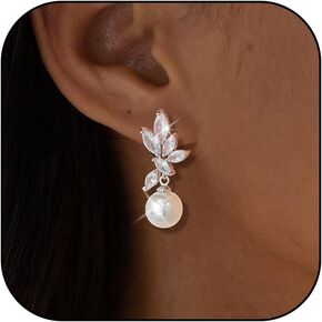 White Pearl Bridal Earrings with Cubic Zirconia Crystal Top Bridal Pearl Drop Earrings Wedding Earrings for Brides Bridesmaids Prom Party Jewelry Gifts