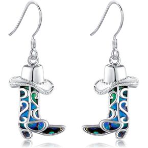 Cowboy Boot Hat Earrings 925 Sterling Silver Abalone Shell Western Dangle Drop Earrings Jewelry Present for Women