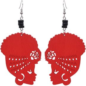 Wooden Flower Turban African Woman Head and Bead Dangle Hook Earrings