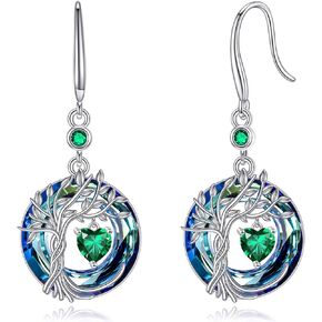 Tree of Life Dangle Drop Earrings 925 Sterling Silver Dainty Round Gemstone Birthstone Earring with Crystal Fine Jewelry Birthday Gifts for Women Her