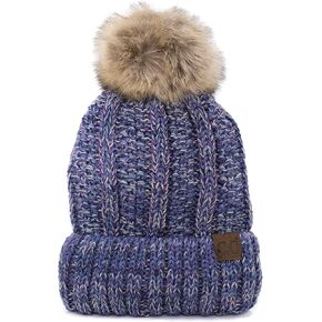 C.C Thick Cable Knit Faux Fuzzy Fur Pom Fleece Lined Skull Cap Cuff Beanie (3 Tone Blue/Purple/Grey)
