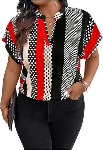 SOLY HUX Women's Plus Size Boho Short Sleeve Blouse V Neck Printed Casual Shirt Tops in Saudi Arabia